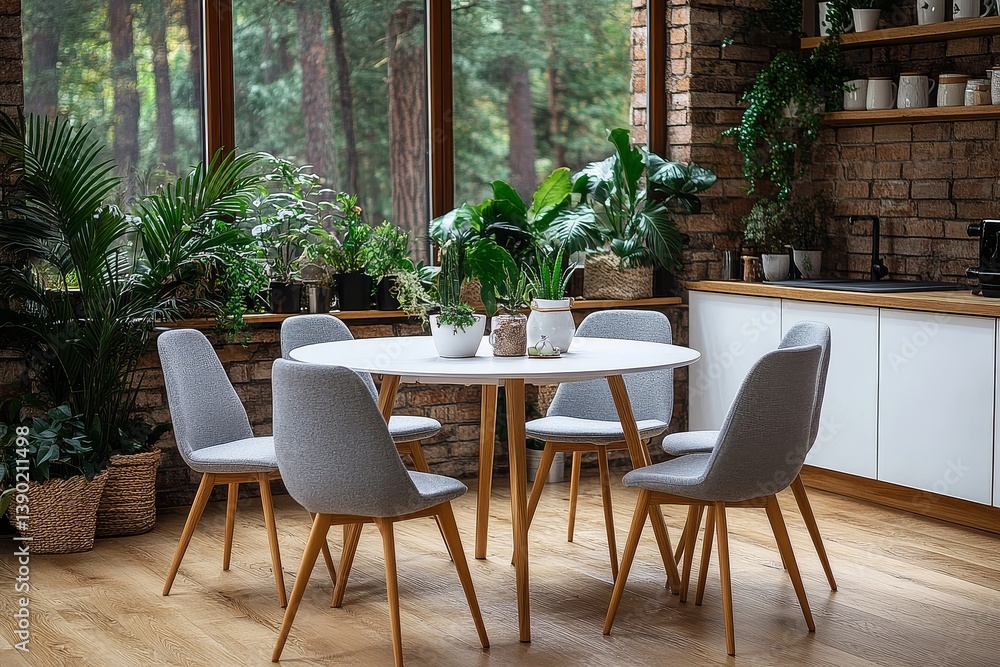 Fototapeta premium Modern dining room with round white table, grey chairs, and Scandinavian-style design. Light wooden accents, white cabinets, and potted plants creating a cozy atmosphere with natural light.
