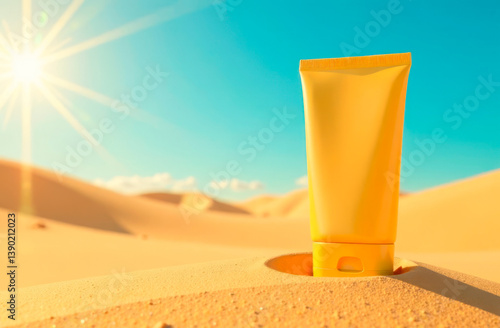 A tube of yellow cream on the sand in a hot desert