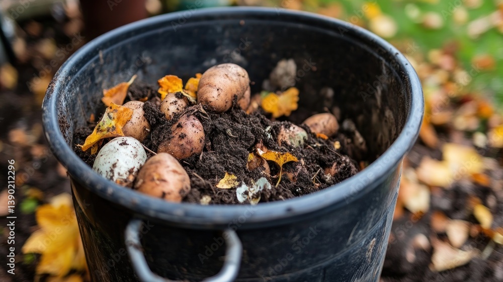 Fototapeta premium Decomposing organic waste in a composting bin for sustainable gardening