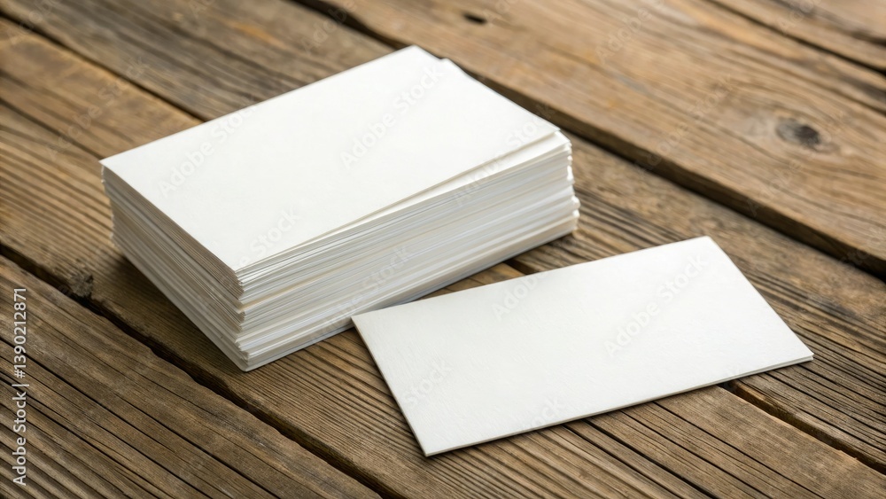 Fototapeta premium Brand identity shines: a pristine stack of business cards rests on a warm wooden table, ready for impact.