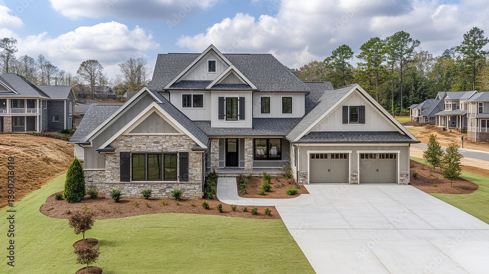 Newly constructed luxury home with stone facade and spacious driveway Newly constructed luxury home with stone facade and spacious driveway