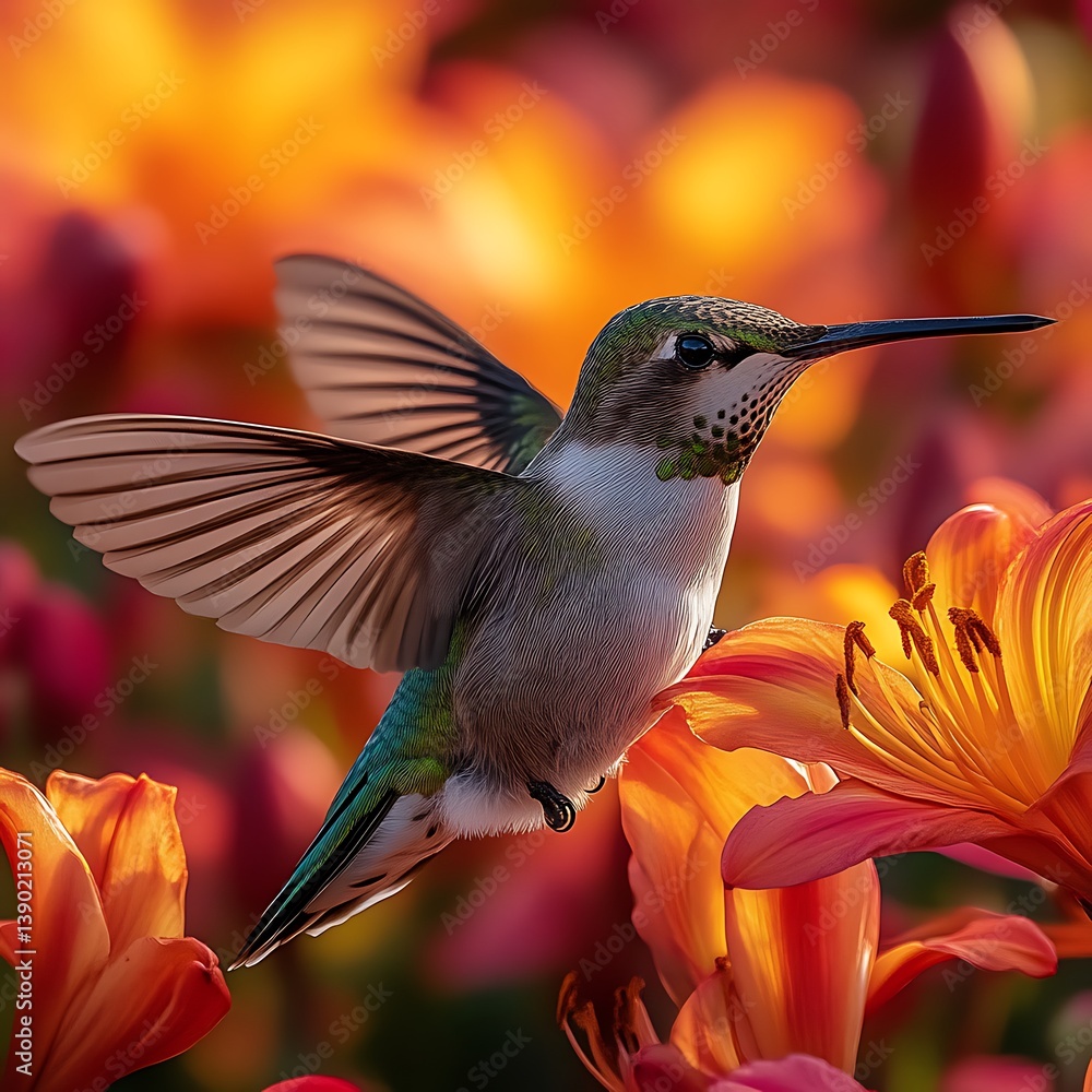 Fototapeta premium Hummingbird in flight amidst vibrant orange lilies