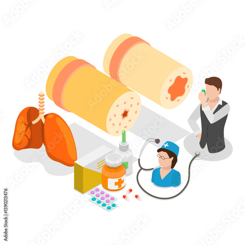 3D Isometric Flat Vector Illustration of Bronchial Asthma, Inhalation Medicine. Item 2