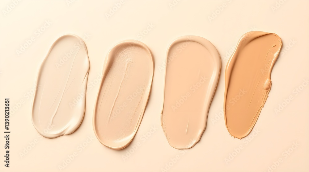 Four foundation swatches, showcasing a range of skin tone, space for copy Four foundation swatches, showcasing a range of skin tone, space for copy