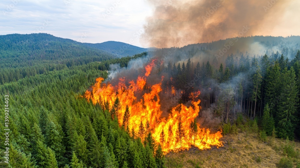 Fototapeta premium Aerial View of Burning Forest with Flames and Smoke Trails