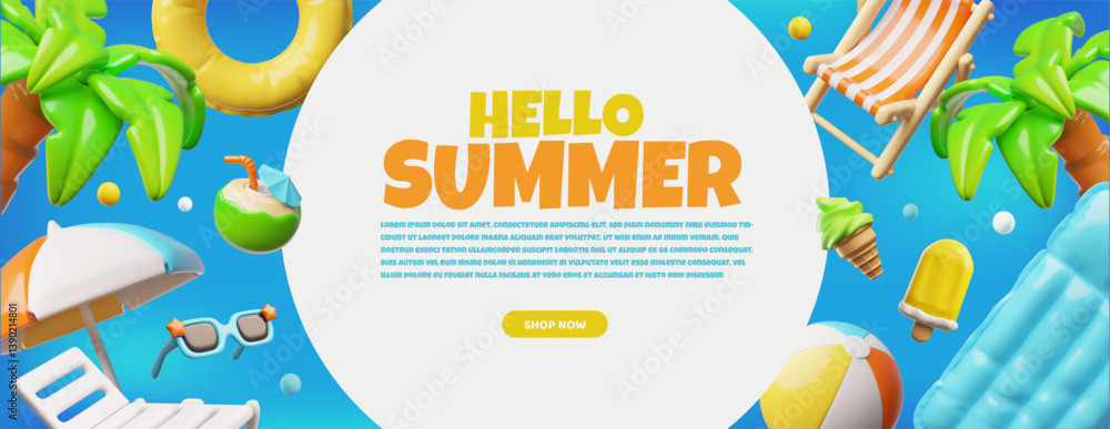 3D summer banner with round frame and beach attributes. Hello summer. 3D summer banner with round frame and beach attributes. Hello summer.
