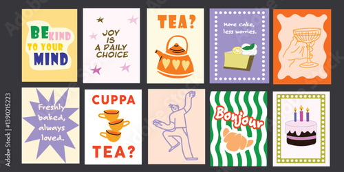 Collection of colourful posters with positive messages and illustrations  in cartoon 90s style for cafe branding, menus, art posters, greetings