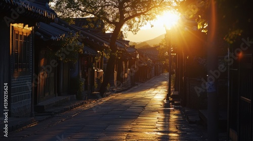 Peaceful early morning in Bukchon Village with no people.
