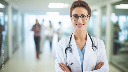 Confident smiling female doctor with stethoscope – healthcare professional portrait. AI Generative.