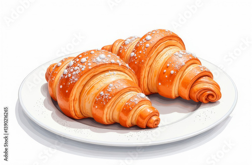 Airy croissants with powdered sugar on a white plate, on a white isolated background