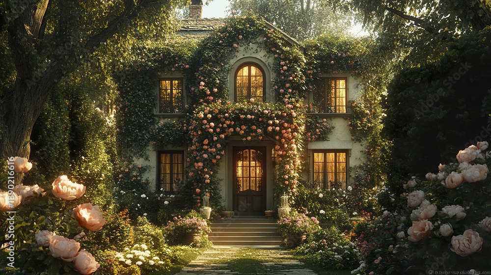 Fototapeta premium Charming home with ivy and flower trellises, warm glow from windows