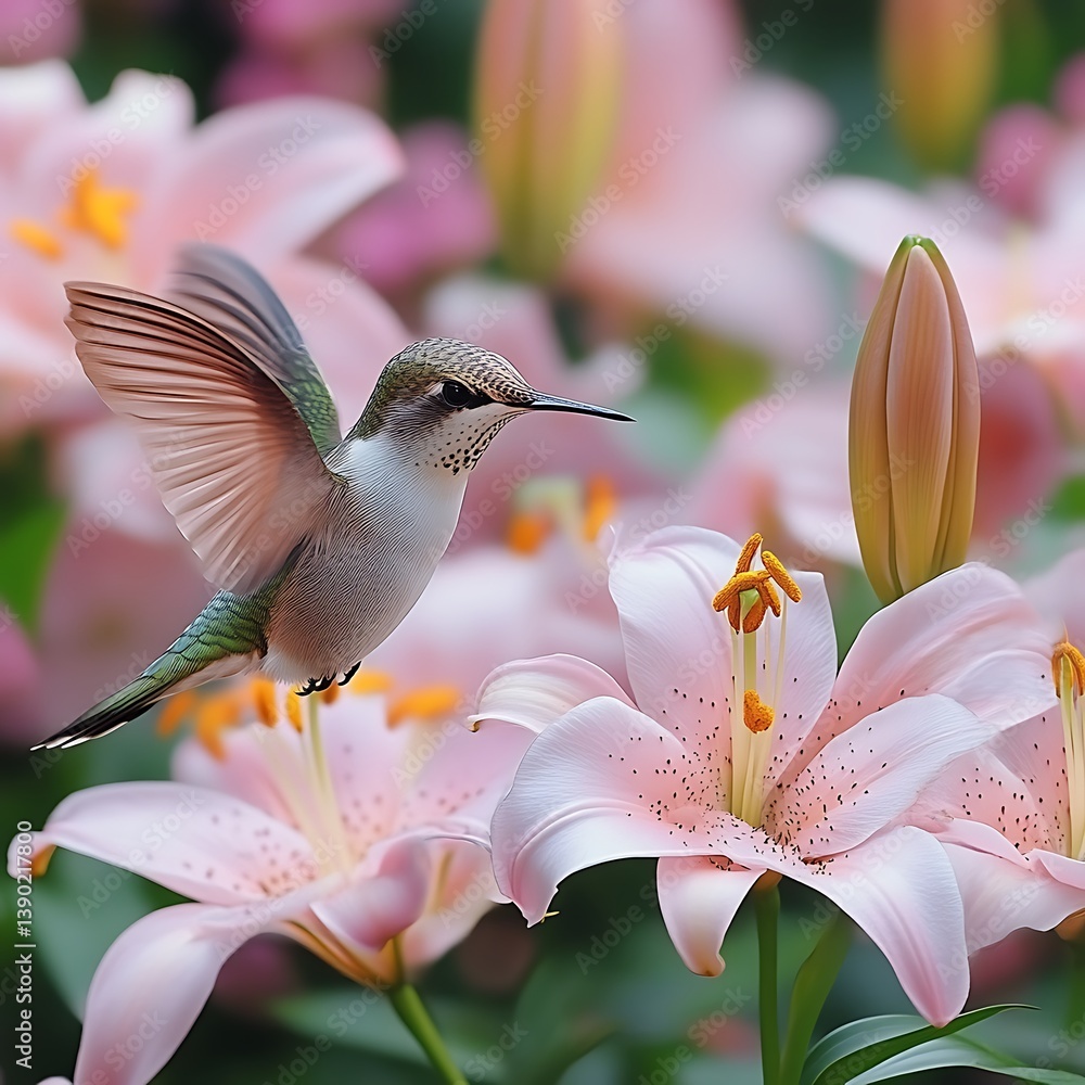Naklejka premium Hummingbird in Flight Among Pink Lilies