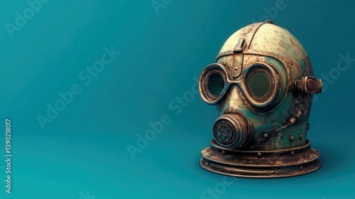 An old weathered gas mask displayed against a teal colored background