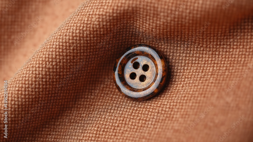 Close-up of a Round Brown Fabric Button on a Soft Textured Rust Colored Textile with Subtle Shadows and Highlights Close-up of a Round Brown Fabric Button on a Soft Textured Rust Colored Textile with Subtle Shadows and Highlights