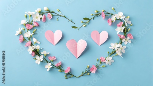 Floral heart frame with pink paper hearts on light blue background art
