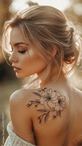 A beautiful woman with a floral tattoo on her shoulder appears serene