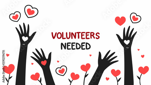 Raised hands, volunteer spirit, community support, diverse group