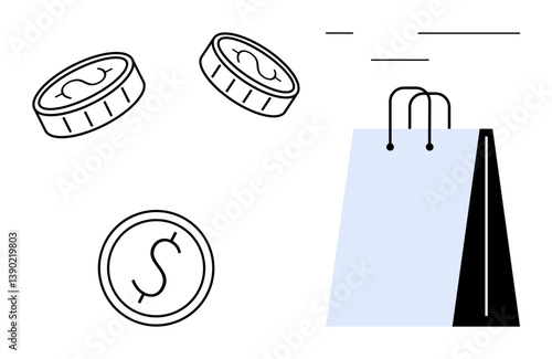 Shopping bag and coins falling, emphasizing spending, retail, commerce, and finance. Ideal for e-commerce, budgeting, savings retail transactions consumerism marketing. Flat simple metaphor