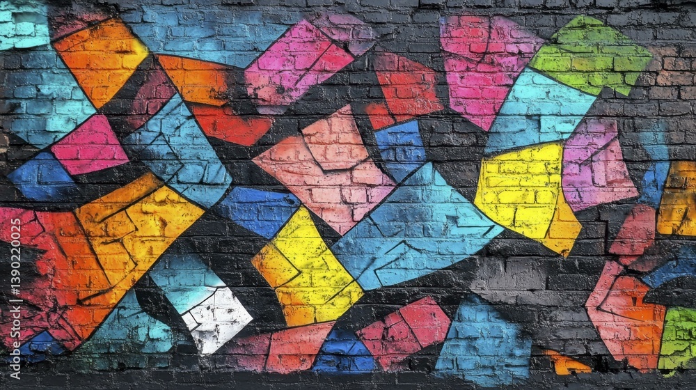 Obraz premium Vibrant Geometric Shapes Painted as Graffiti Mural on Textured Brickwork