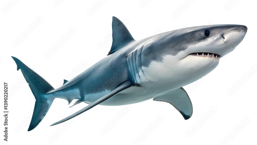 stunning studio style photo of white shark swimming gracefully in open water, showcasing its powerful form and striking features stunning studio style photo of white shark swimming gracefully in open water, showcasing its powerful form and striking features
