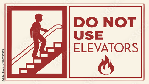  fire hazard warning, directional safety signage, bold text "DO NOT USE ELEVATORS"