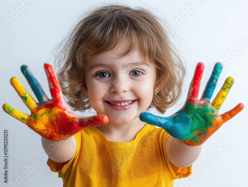 Joyful child with vibrant painted hand, symbolizing creativity and fun in art