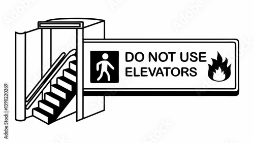  fire hazard warning, directional safety signage, bold text "DO NOT USE ELEVATORS"