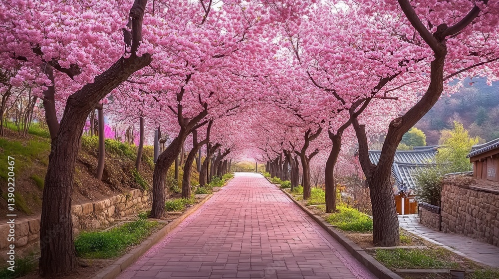 Fototapeta premium Springtime cherry blossoms blooming along the streets of Bukchon Hanok Village.