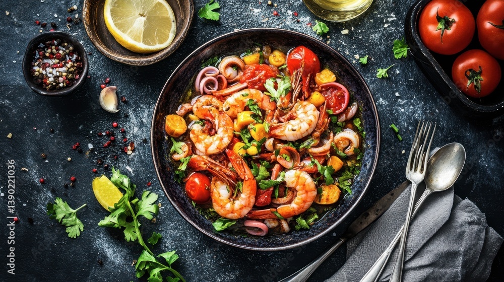 Thai seafood curry with shrimp, squid, and vegetables in a coconut broth. Thai seafood curry with shrimp, squid, and vegetables in a coconut broth.