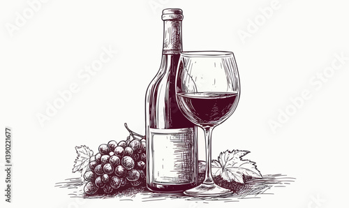 Elegant Hand-Drawn Wine Bottle, Glass, and Grapes Vector Illustration for Vintage Design