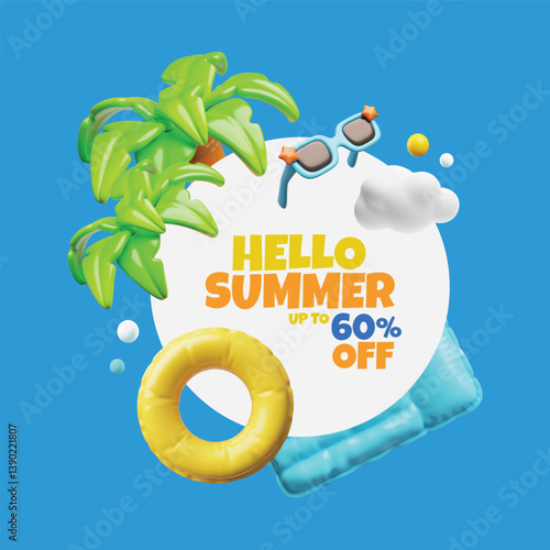 Hello summer sale 60 off 3D vector design with beach and pool elements, palm, sunglasses, inflatable mattress and ring
