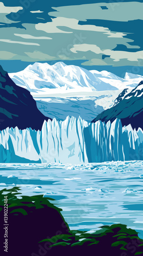 Art Deco Style Poster of Perito Moreno Glacier in Los Glaciares National Park Argentina