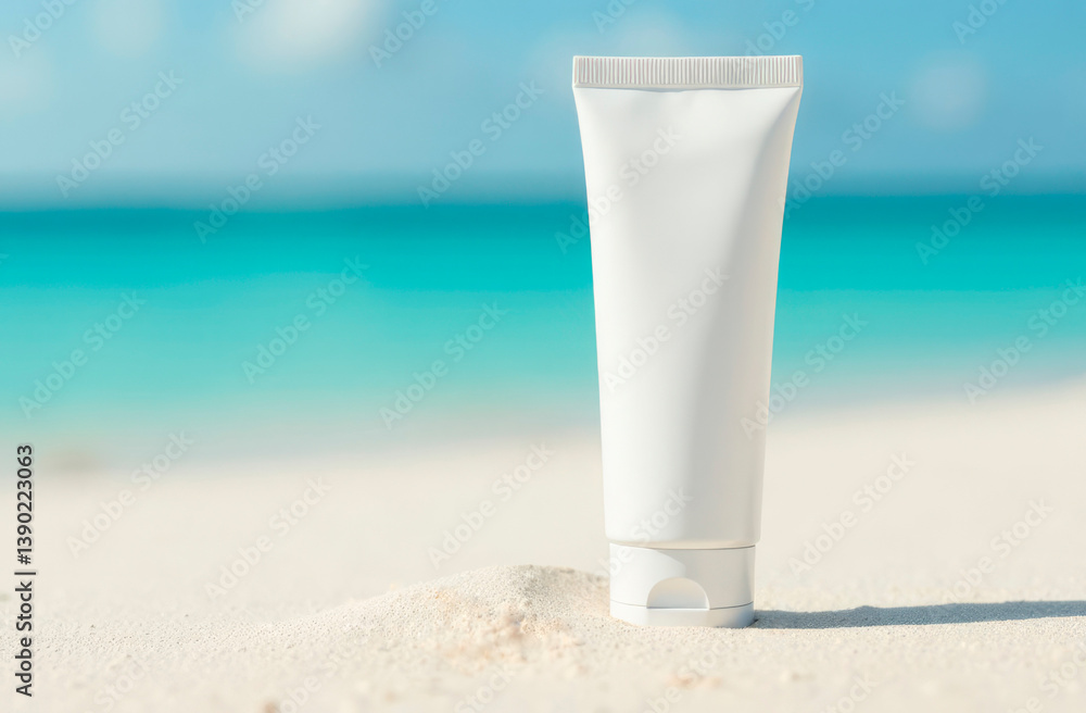 A tube of white cream on the sand, against the backdrop of the sea A tube of white cream on the sand, against the backdrop of the sea