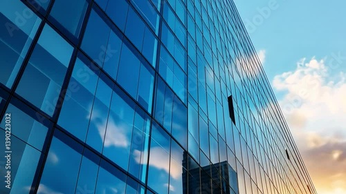 Contemporary Glass Facade: A striking perspective of a modern skyscraper, showcasing a sleek glass facade that reflects the sky. The building symbolizes progress, innovation, and success.