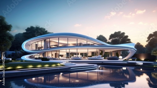 Modern two-story house with large windows and outdoor pool