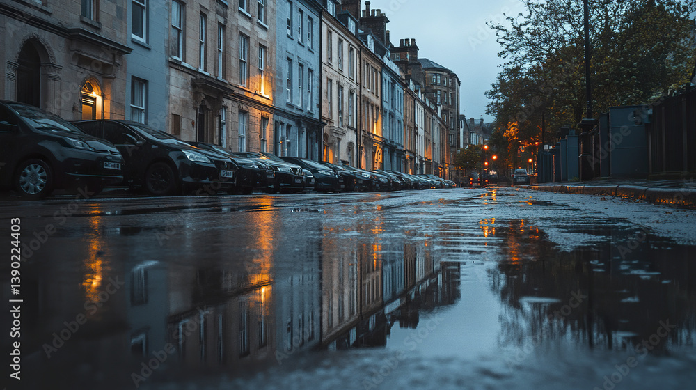 Wet pavement reflects row of parked cars on rainy day in Bristol Wet pavement reflects row of parked cars on rainy day in Bristol