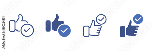 Thumbs up icons with check mark approval and verification symbol set