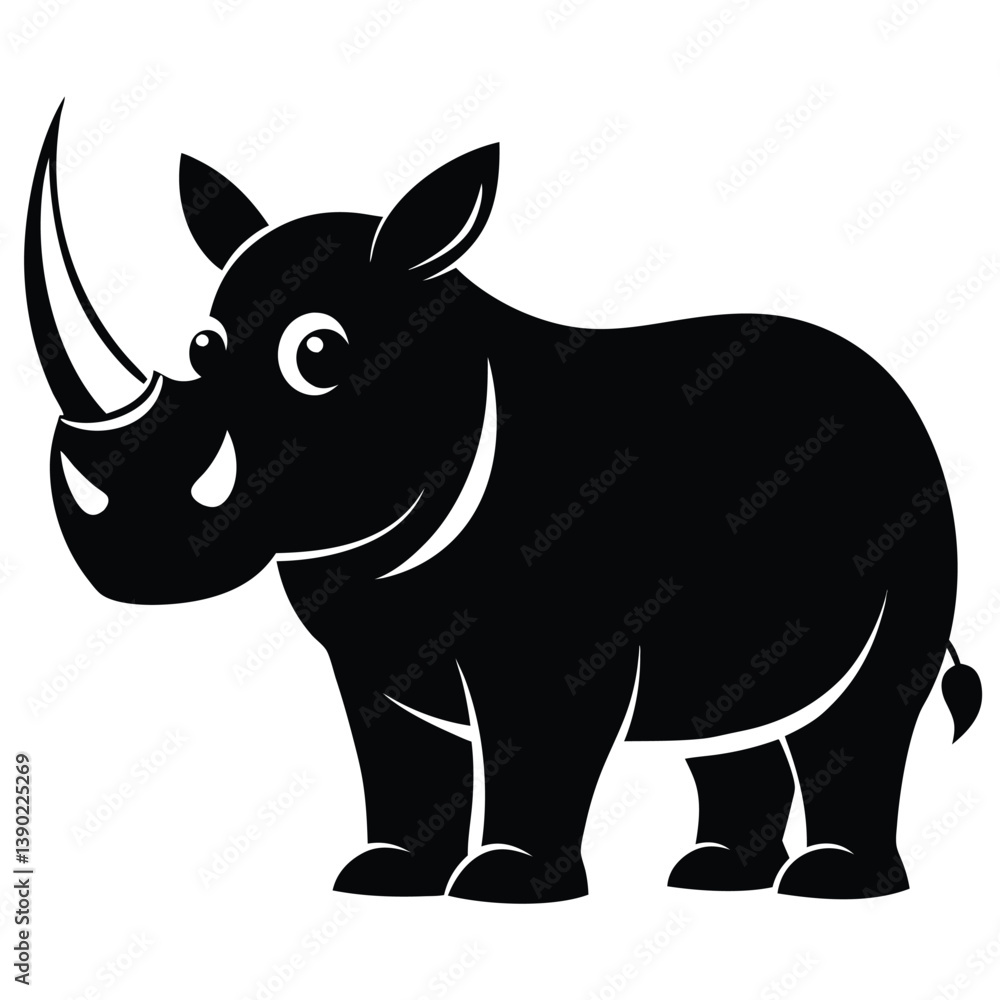 Fototapeta premium Cute Cartoon Rhino Isolated On White Background Vector Illustration Silhouette