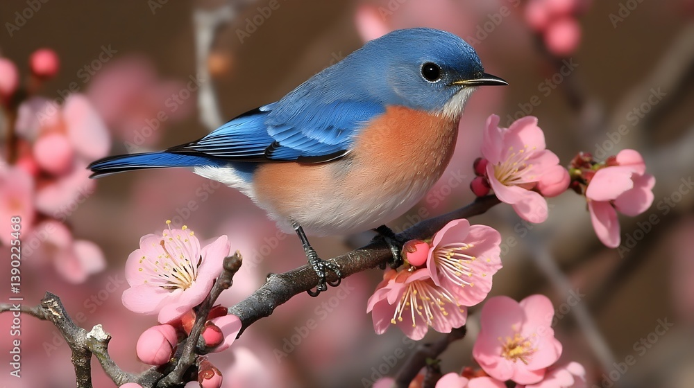 Fototapeta premium Blue bird sitting on pink plum blossom