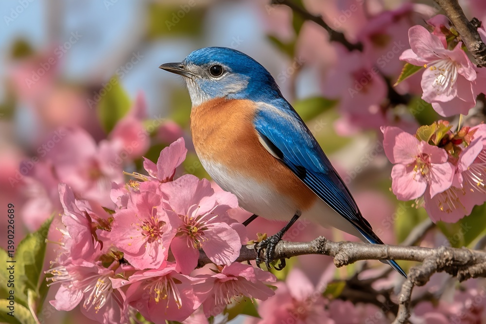 Blue bird sitting on pink plum blossom Blue bird sitting on pink plum blossom