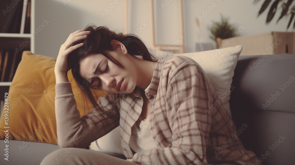 Woman suffering from headache, migraine, pain and health problem concept. AI Generative. Woman suffering from headache, migraine, pain and health problem concept. AI Generative.