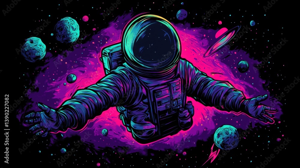 Astronaut's Cosmic Embrace: A Vibrant Journey Through Nebula and Planets Astronaut's Cosmic Embrace: A Vibrant Journey Through Nebula and Planets