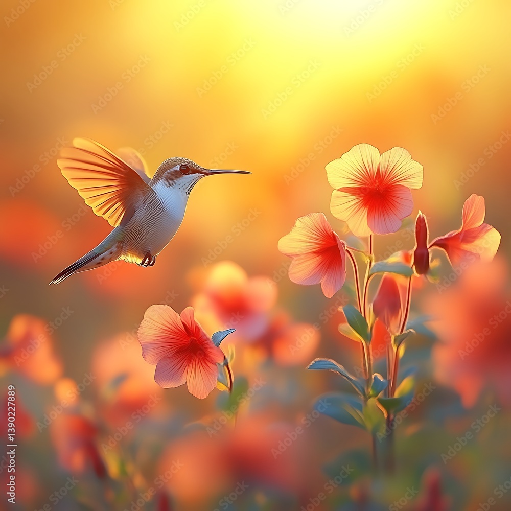 Fototapeta premium Hummingbird in flight, sunset meadow flowers
