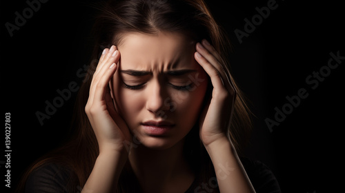 Woman suffering from headache, migraine, pain and health problem concept. AI Generative.