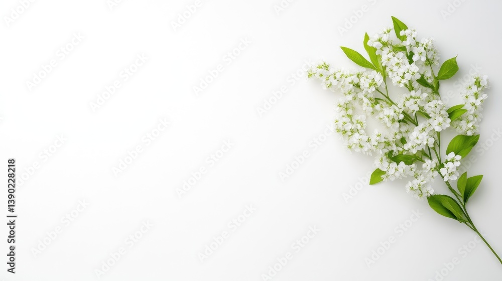 Fototapeta premium White delicate flowers with green leaves arranged in a minimalist composition on a clean white background, and serene and elegant floral arrangement.