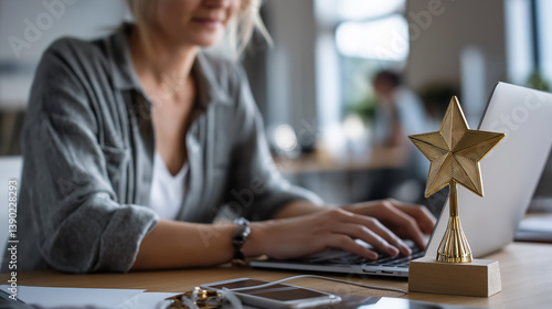 Employee of the month, rewarding personnel who reach sales targets, Achieving company goals, Star employee , Businesswomen using laptop