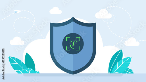 Face recognition on shield. Protection secure login. Security and privacy biometric authorization symbol. Biometric identification, face scan system. Cyber security concept. Vector illustration