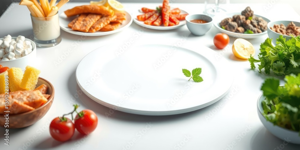 A single leaf rests on a pristine white plate surrounded by an array of delectable appetizers A single leaf rests on a pristine white plate surrounded by an array of delectable appetizers