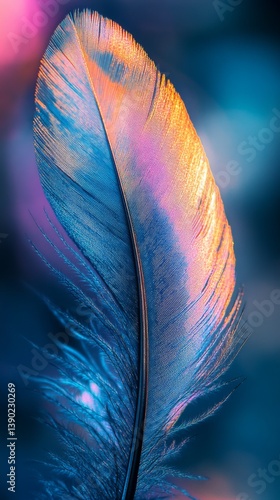 A mesmerizing feather glows in vibrant colors. Its delicate texture and shimmering hues capture the beauty of nature in detail. Discover its elegance and charm. Generative AI