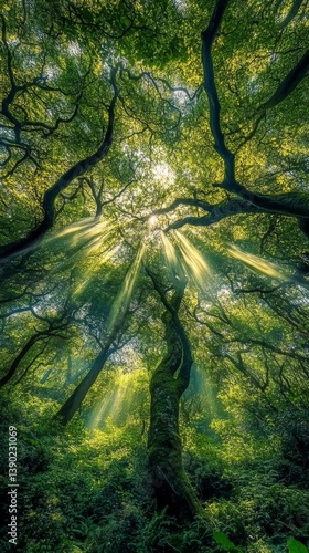 A breathtaking view of sun rays filtering through lush leaves in a dense forest. Nature offers a tranquil escape from daily life. Embrace the beauty of the great outdoors. Generative AI